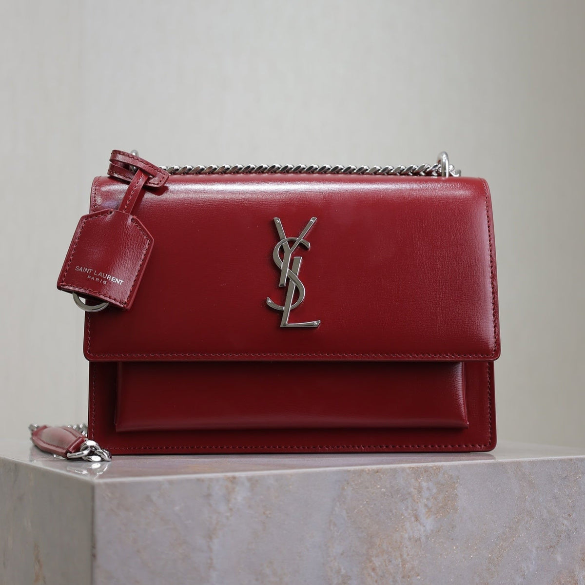 YSL 25S SUNSET BAG 22 IN CRIMSON RED CALFSKIN SILVER HARDWRE