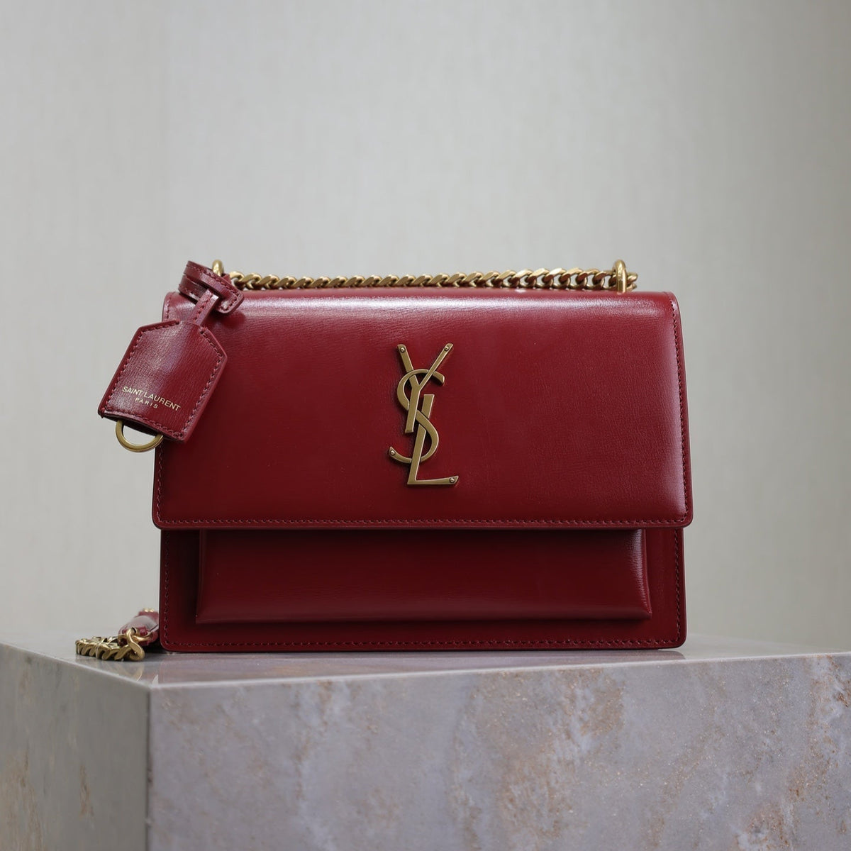 YSL 25S SUNSET BAG 22 IN CRIMSON RED CALFSKIN GOLD HARDWARE