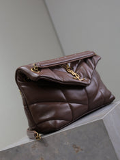 YSL 25S LOULOU PUFFER MM 29 IN DARK BROWN CALFSKIN GOLD HARDWARE