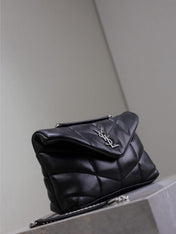 YSL 25S LOULOU PUFFER MINI 23 IN BLACK CALFSKIN SILVER HARDWARE