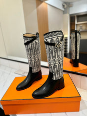 JUMPING BOOT 2 CM IN BLACK CALFSKIN AND BLACK MIX WHITE FABRIC