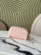 CHANEL 26S CLASSIC QUILTED COSMETIC POUCH 18 IN LIGHT PINK GRAINED CALFSKIN GOLD HARDWARE