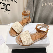 LYMPIA SANDAL IN TRIOMPHE MACCRAMÉ COTTON & CALFSKIN ECRU TAN