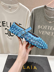 ALAIA PEARL MARY JANE SHOES IN CERULEAN BLUE MESH AND CALFSKIN