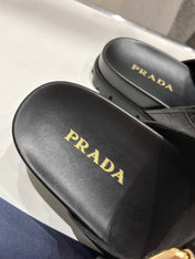 PRA CROCODILE MOTIF STRAP SLIDES SANDALS BLACK CALFSKIN