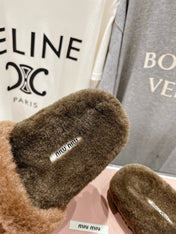 MIUMIU 26S FLAT SLIDES IN BROWN SHEARLING
