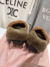MIUMIU 26S FLAT SLIDES IN BROWN SHEARLING