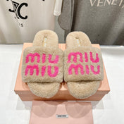 MIUMIU 26S SANDALS IN LIGHT BEIGE SHEARLING WITH LOGO LETTERING