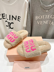 MIUMIU 26S SANDALS IN LIGHT BEIGE SHEARLING WITH LOGO LETTERING