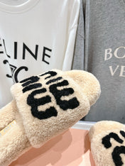 MIUMIU 26S SANDALS IN BEIGE SHEARLING WITH LOGO LETTERING
