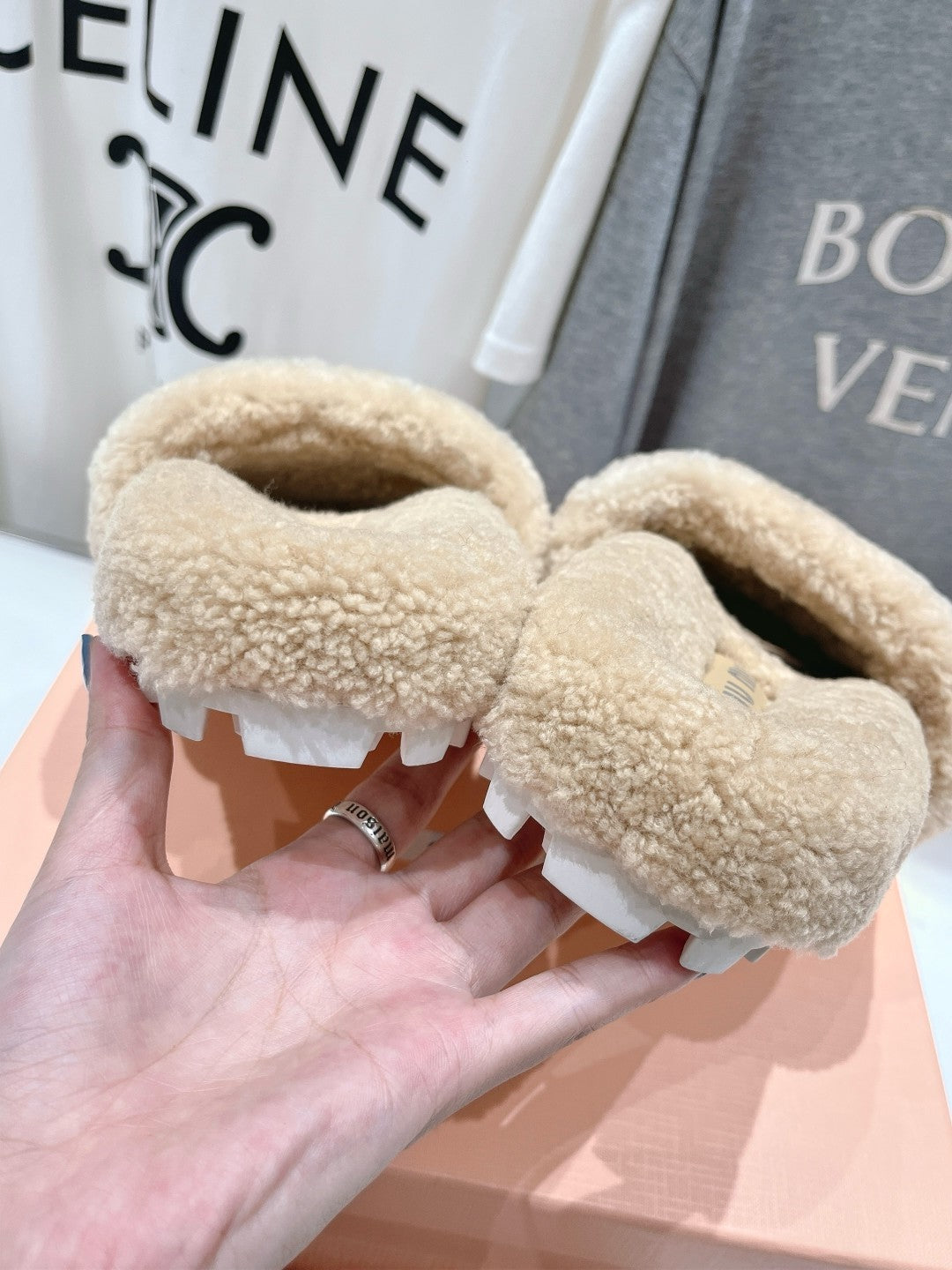 MIUMIU 26S SANDALS IN BEIGE SHEARLING WITH LOGO LETTERING