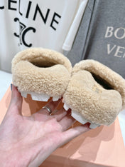 MIUMIU 26S SANDALS IN BEIGE SHEARLING WITH LOGO LETTERING