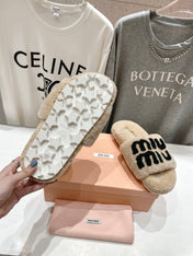 MIUMIU 26S SANDALS IN BEIGE SHEARLING WITH LOGO LETTERING