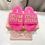 MIUMIU 26S SANDALS IN PINK SHEARLING WITH LOGO LETTERING