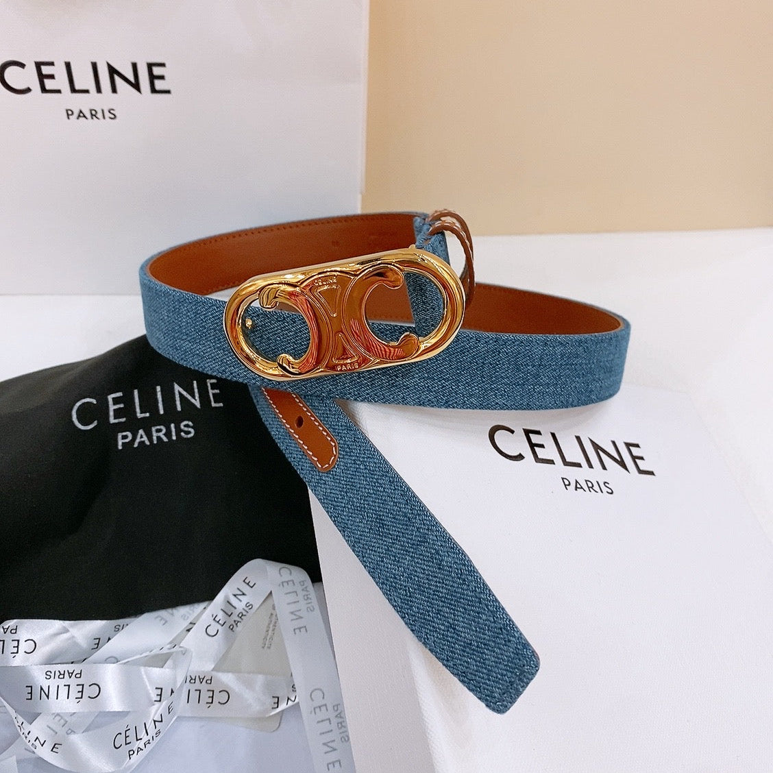 CELINE 25S BELT TRIOMPHE TAURILLON 25MM IN BROWN CALFSKIN AND DENIM 558352