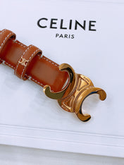 CELINE 25S TRIOMPHE BELT 25MM IN DARK CARAMEL CALFSKIN GOLD HARDWARE 570967