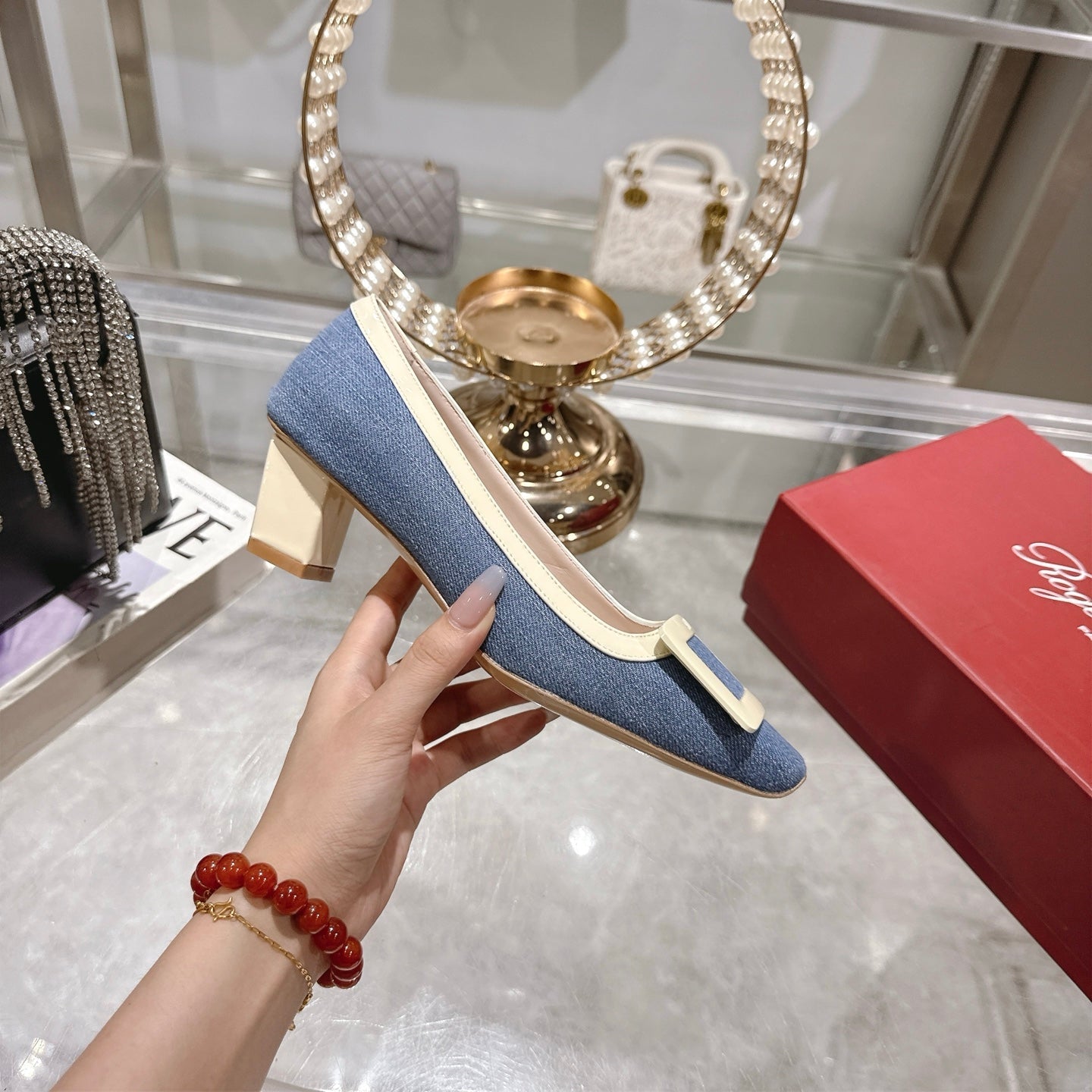 ROGER VIVIER 25S TROMPETTE BALLERINAS 45MM IN BLUE DENIM