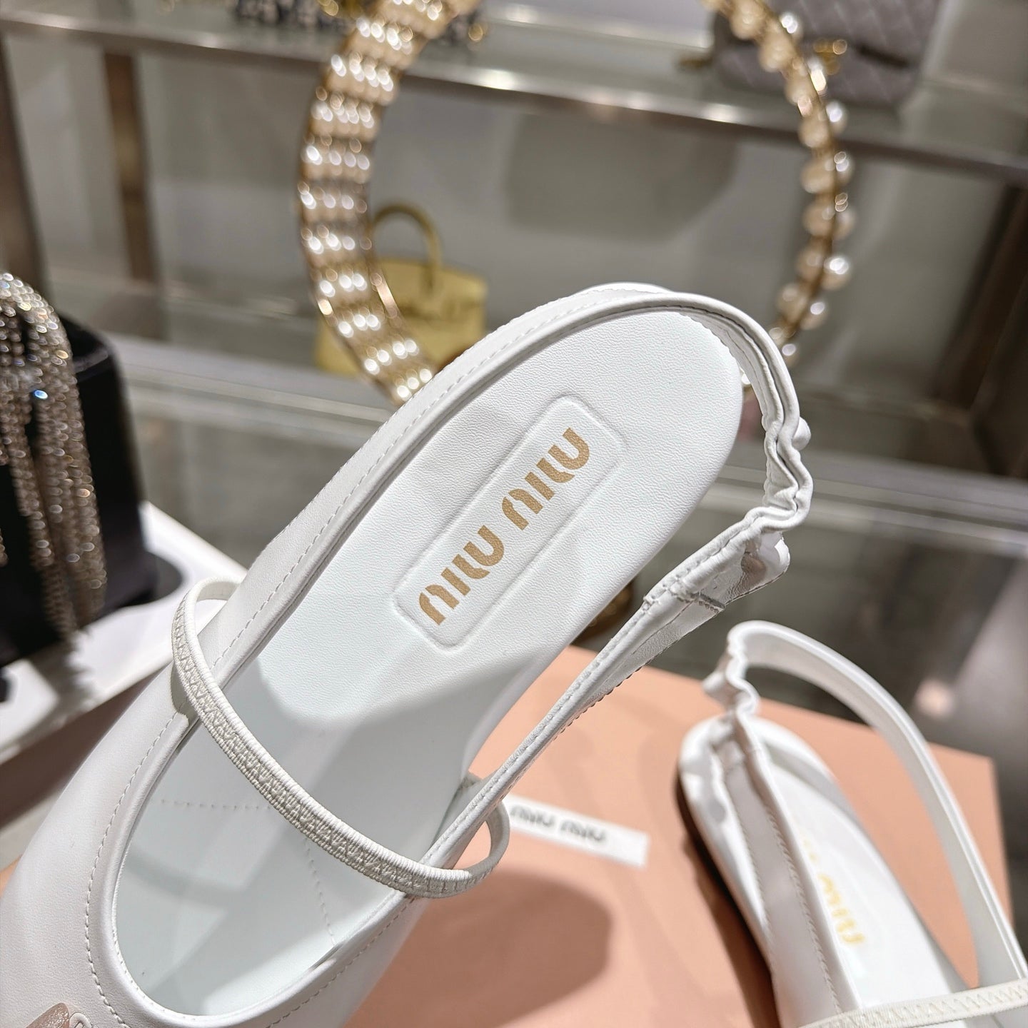 MIUMIU 26S MARY JANE FLATS IN WHITE CALFSKIN