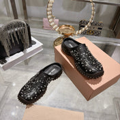 MIUMIU 26S CRYSTAL-EMBROIDERED MULES IN BLACK CALFSKIN