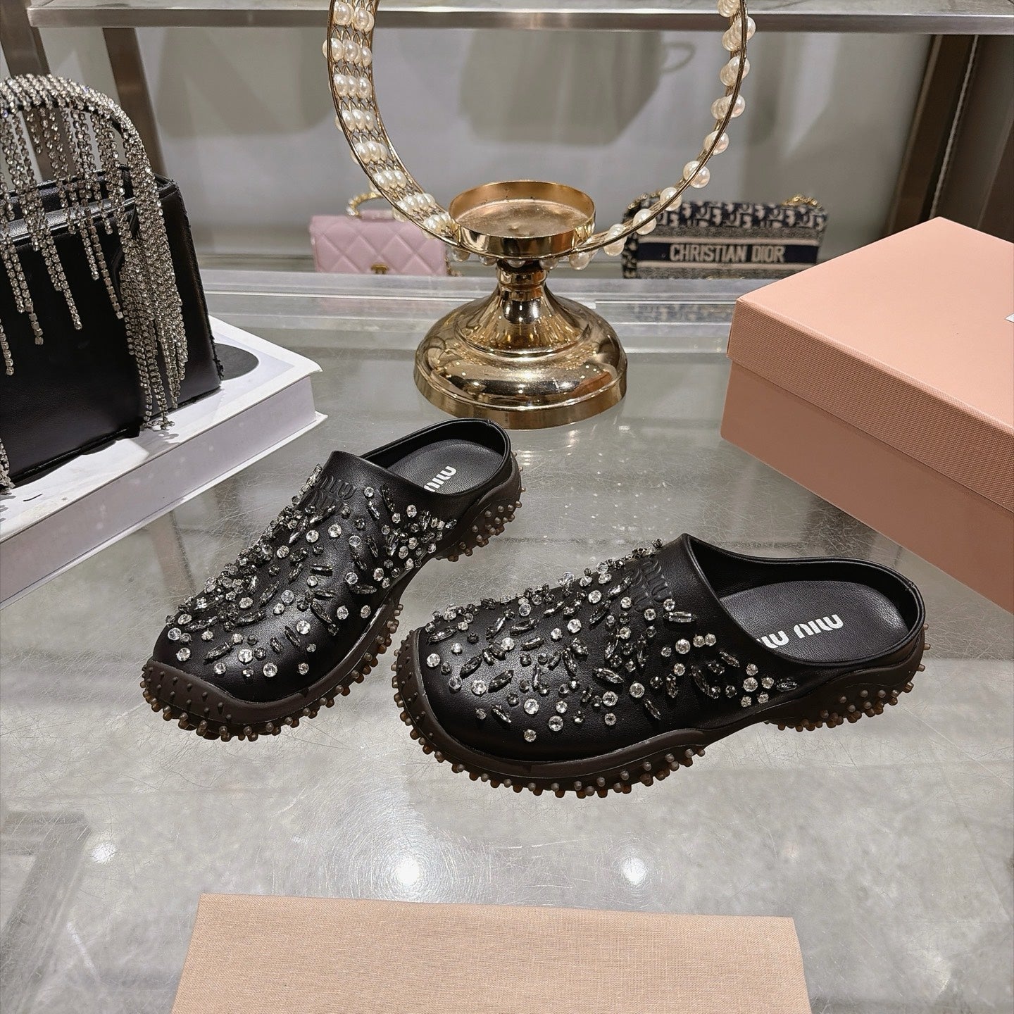 MIUMIU 26S CRYSTAL-EMBROIDERED MULES IN BLACK CALFSKIN