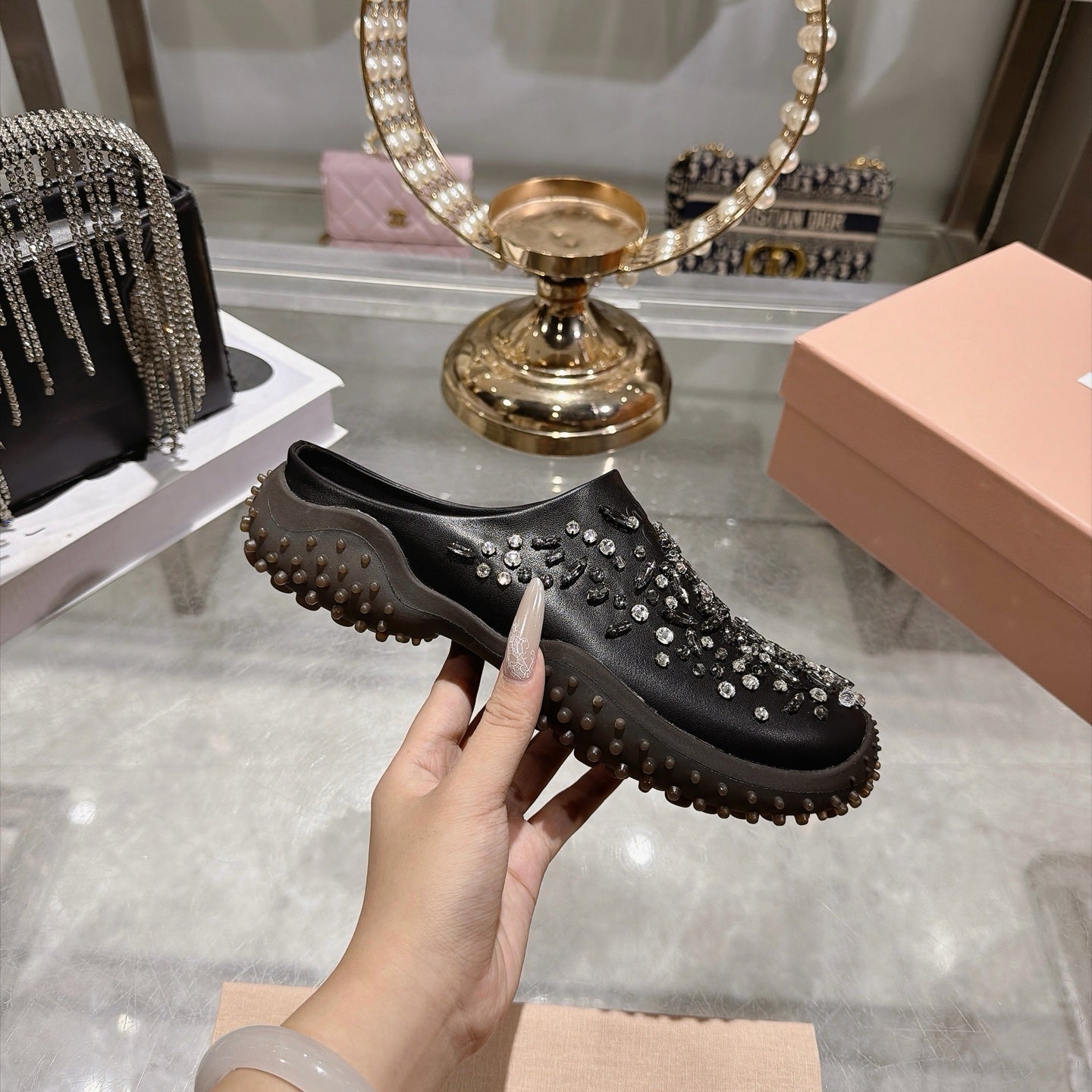 MIUMIU 26S CRYSTAL-EMBROIDERED MULES IN BLACK CALFSKIN