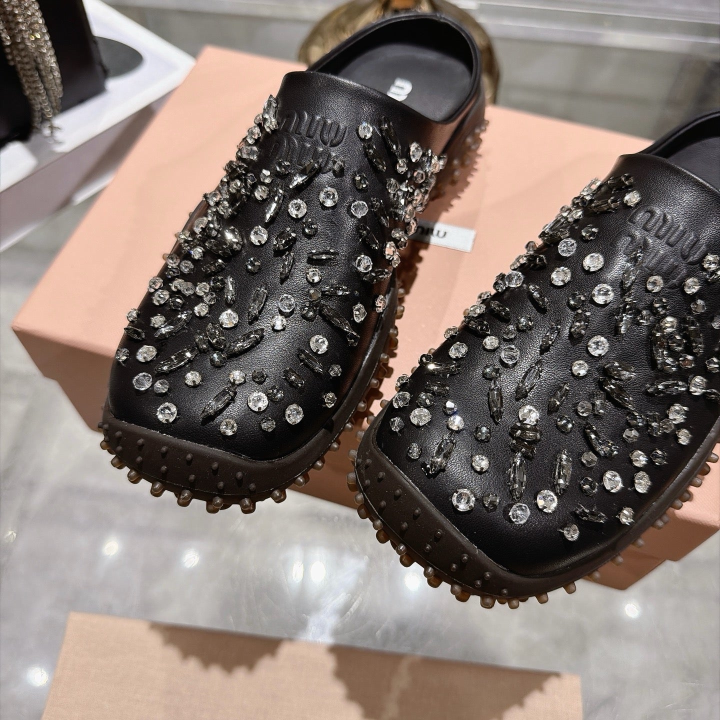 MIUMIU 26S CRYSTAL-EMBROIDERED MULES IN BLACK CALFSKIN