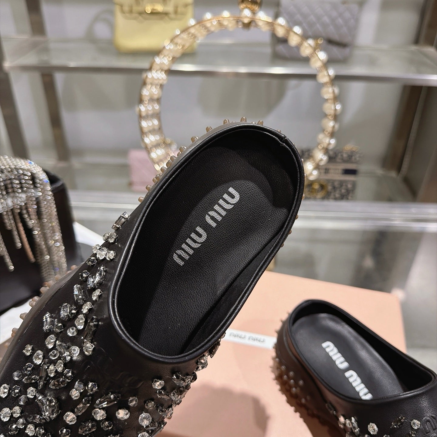 MIUMIU 26S CRYSTAL-EMBROIDERED MULES IN BLACK CALFSKIN