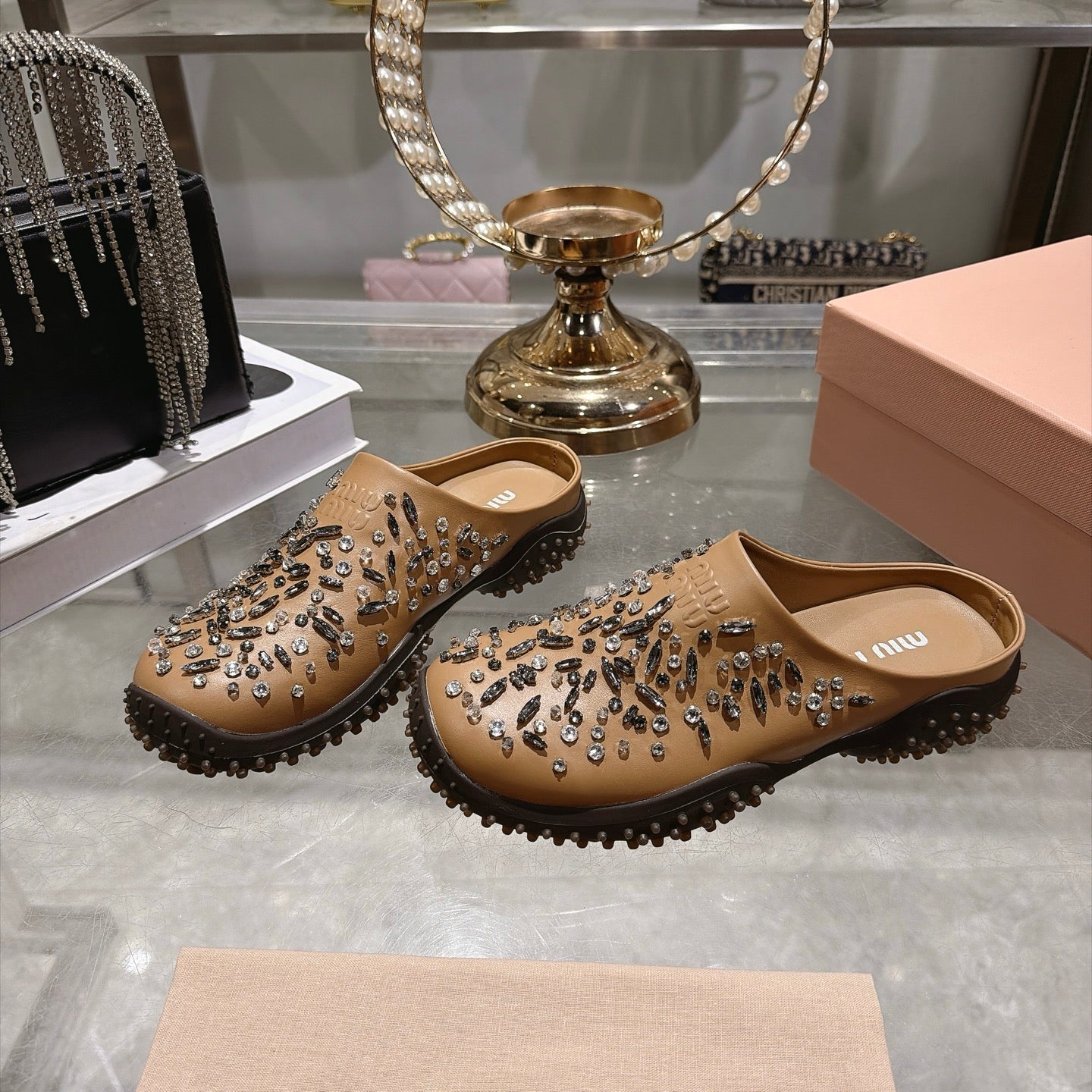 MIUMIU 26S CRYSTAL-EMBROIDERED MULES IN LIGHT BROWN CALFSKIN