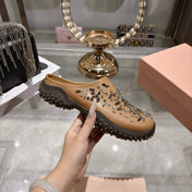 MIUMIU 26S CRYSTAL-EMBROIDERED MULES IN LIGHT BROWN CALFSKIN