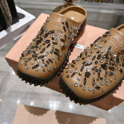 MIUMIU 26S CRYSTAL-EMBROIDERED MULES IN LIGHT BROWN CALFSKIN