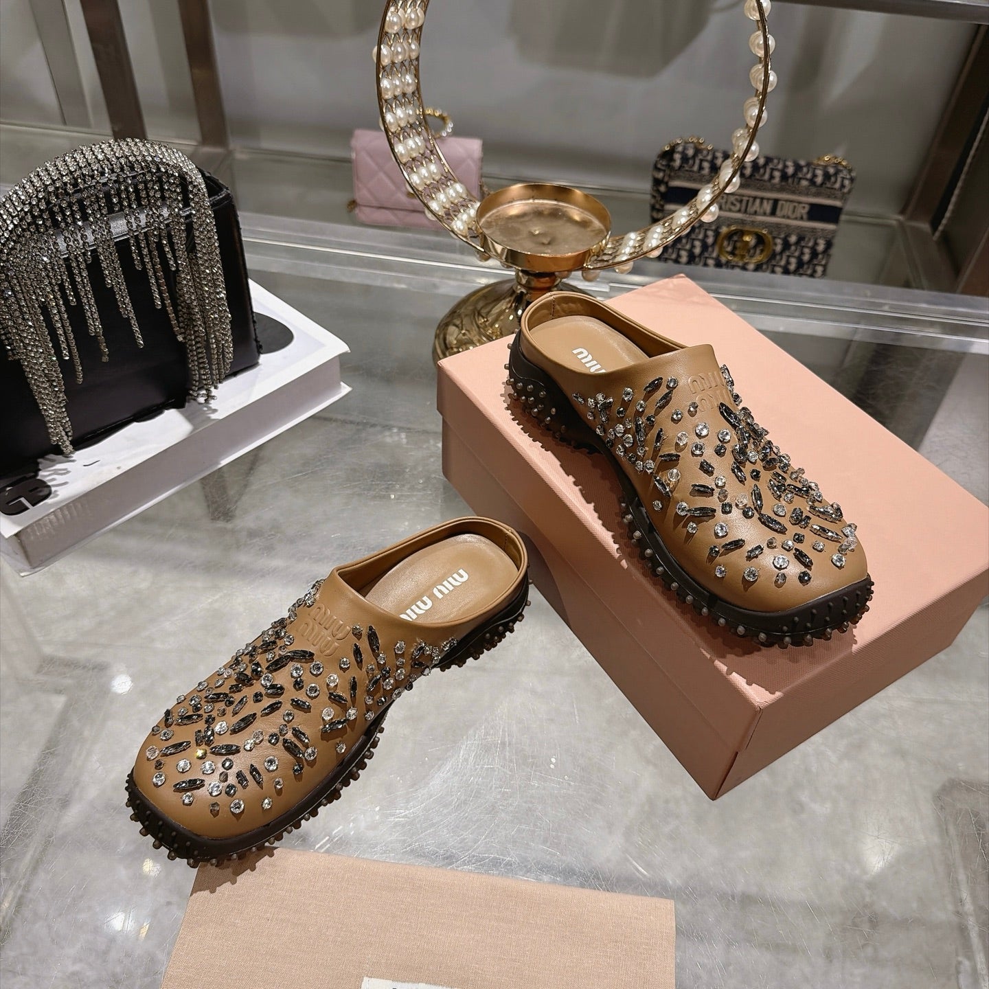 MIUMIU 26S CRYSTAL-EMBROIDERED MULES IN LIGHT BROWN CALFSKIN
