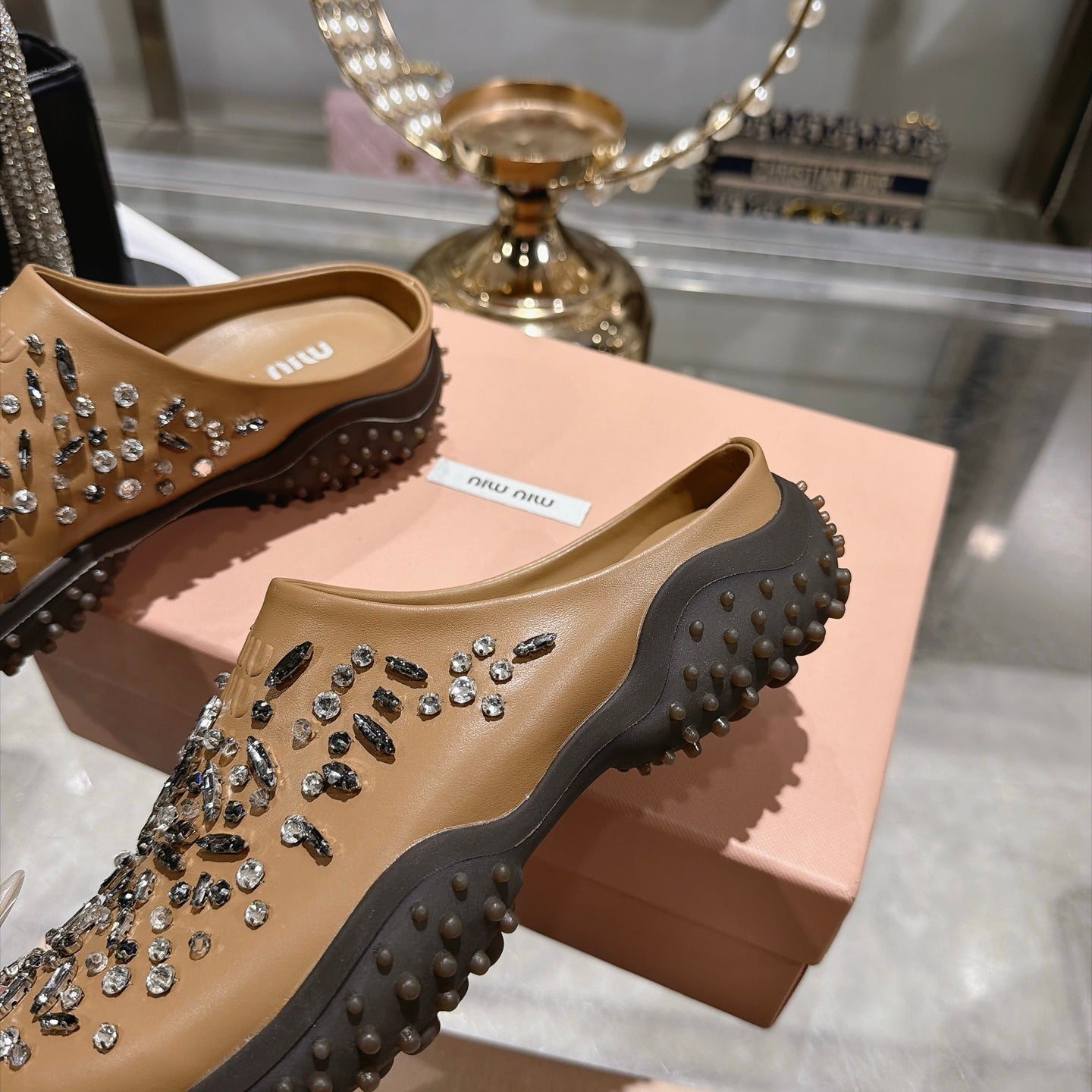 MIUMIU 26S CRYSTAL-EMBROIDERED MULES IN LIGHT BROWN CALFSKIN