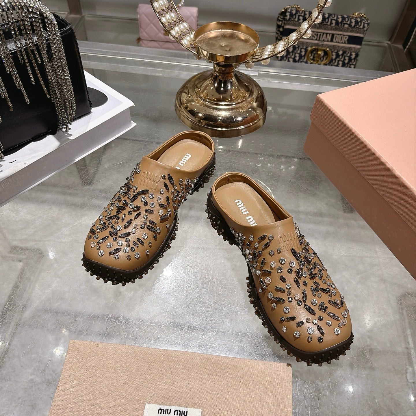 MIUMIU 26S CRYSTAL-EMBROIDERED MULES IN LIGHT BROWN CALFSKIN