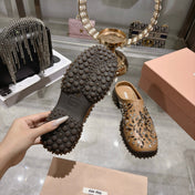 MIUMIU 26S CRYSTAL-EMBROIDERED MULES IN LIGHT BROWN CALFSKIN