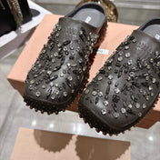 MIUMIU 26S CRYSTAL-EMBROIDERED MULES IN DARK BROWNISH GREY CALFSKIN