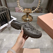 MIUMIU 26S CRYSTAL-EMBROIDERED MULES IN DARK BROWNISH GREY CALFSKIN