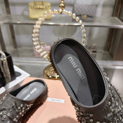 MIUMIU 26S CRYSTAL-EMBROIDERED MULES IN DARK BROWNISH GREY CALFSKIN