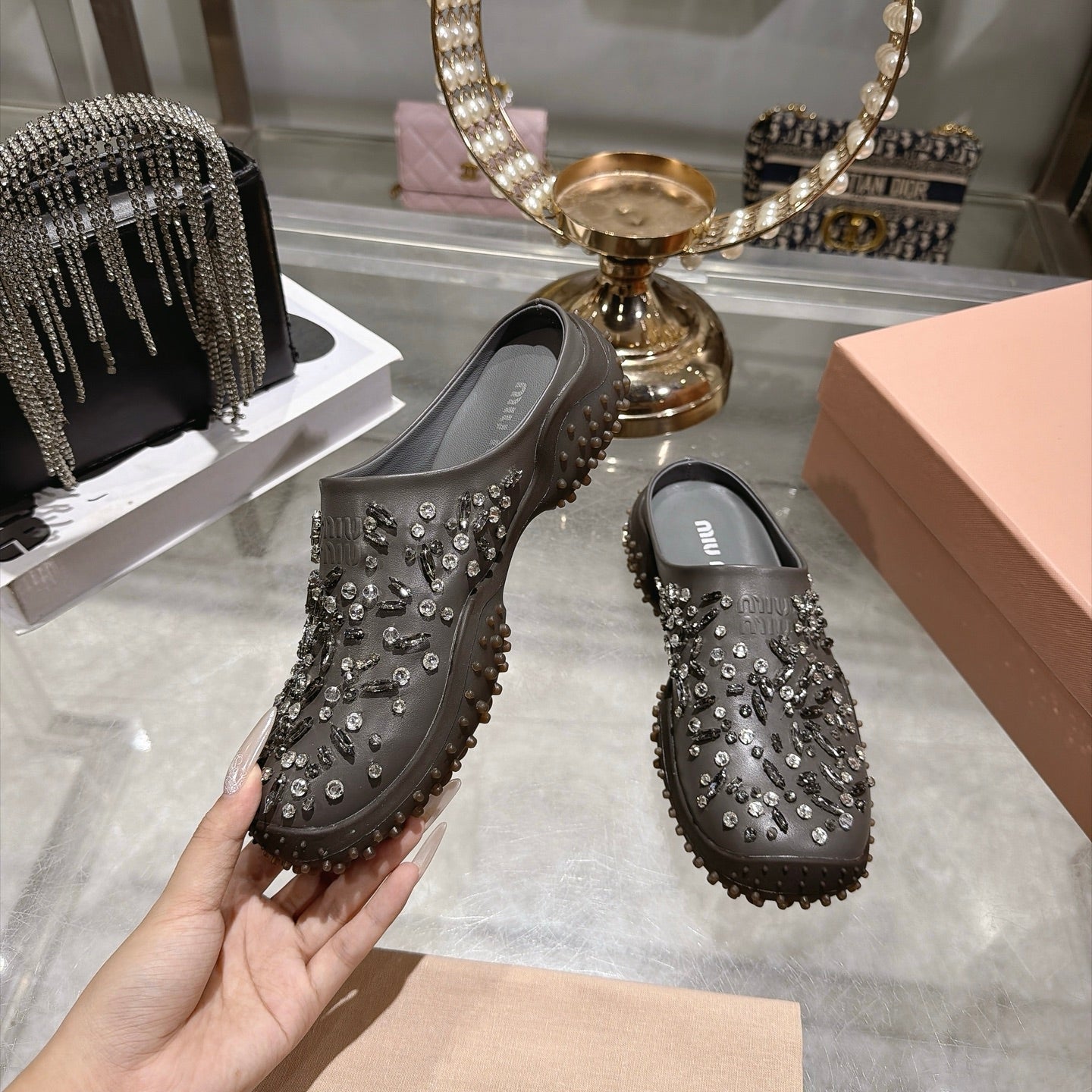 MIUMIU 26S CRYSTAL-EMBROIDERED MULES IN DARK BROWNISH GREY CALFSKIN