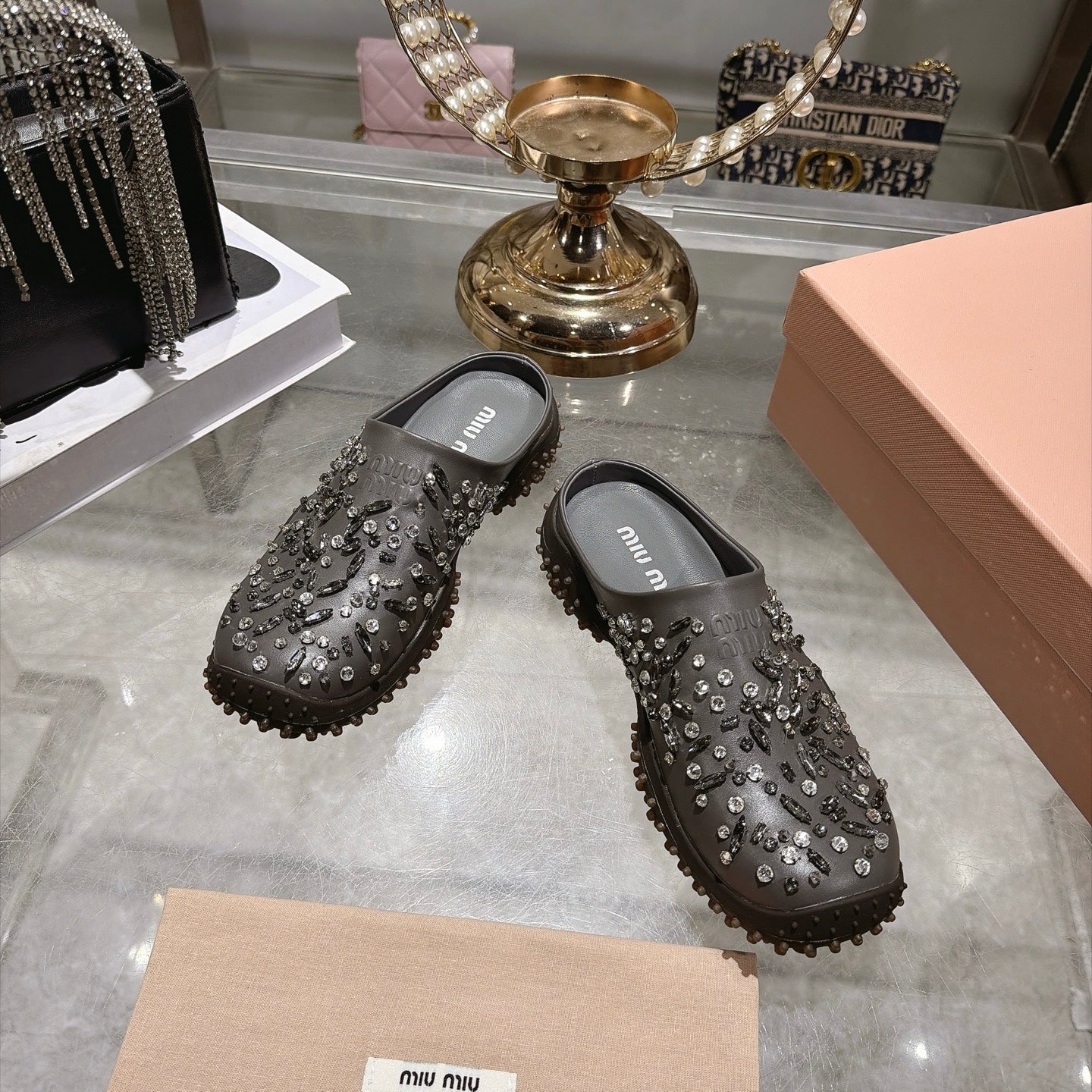MIUMIU 26S CRYSTAL-EMBROIDERED MULES IN DARK BROWNISH GREY CALFSKIN