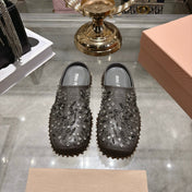 MIUMIU 26S CRYSTAL-EMBROIDERED MULES IN DARK BROWNISH GREY CALFSKIN