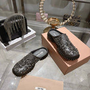 MIUMIU 26S CRYSTAL-EMBROIDERED MULES IN DARK BROWNISH GREY CALFSKIN
