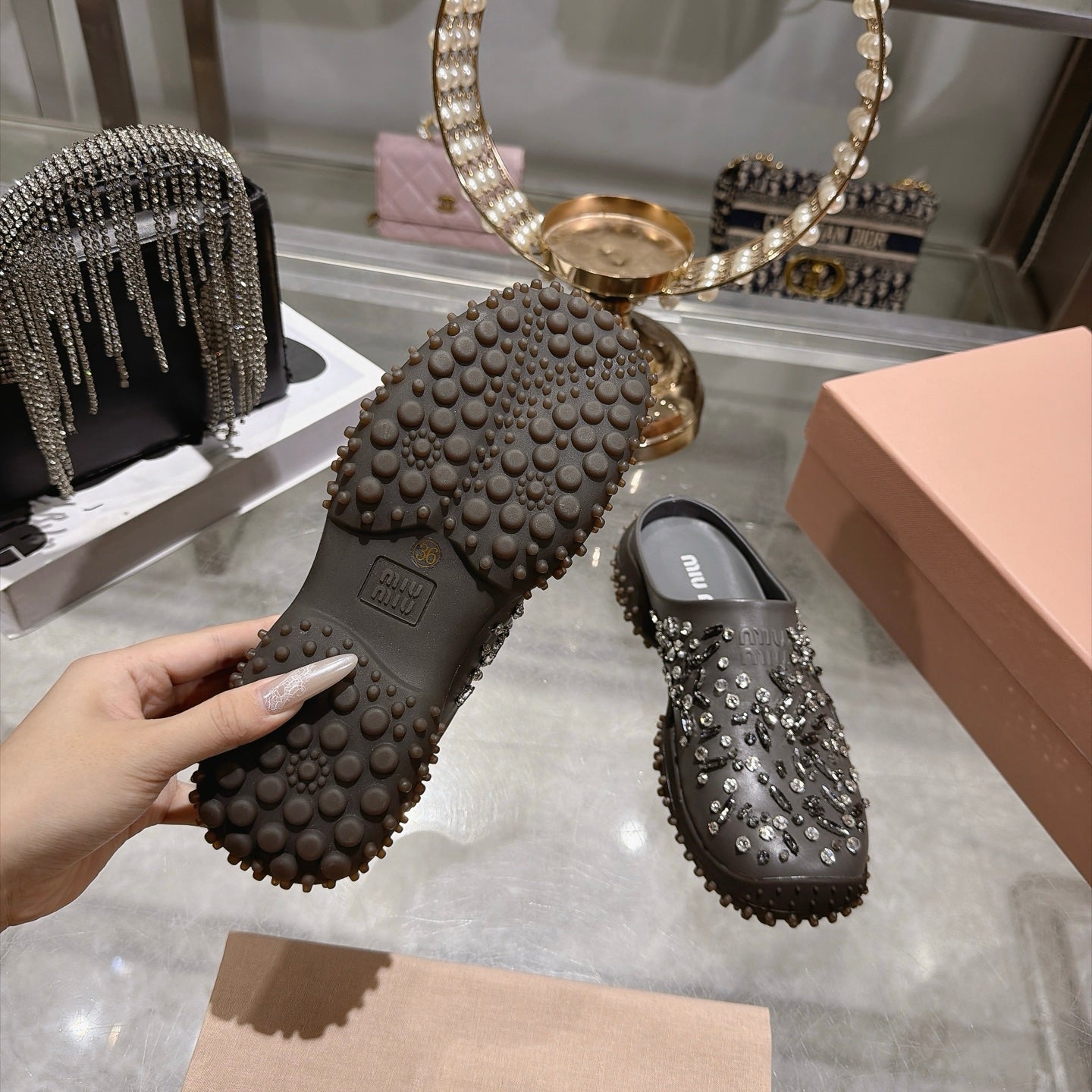 MIUMIU 26S CRYSTAL-EMBROIDERED MULES IN DARK BROWNISH GREY CALFSKIN