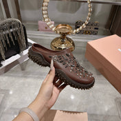 MIUMIU 26S CRYSTAL-EMBROIDERED MULES IN DARK BROWN CALFSKIN