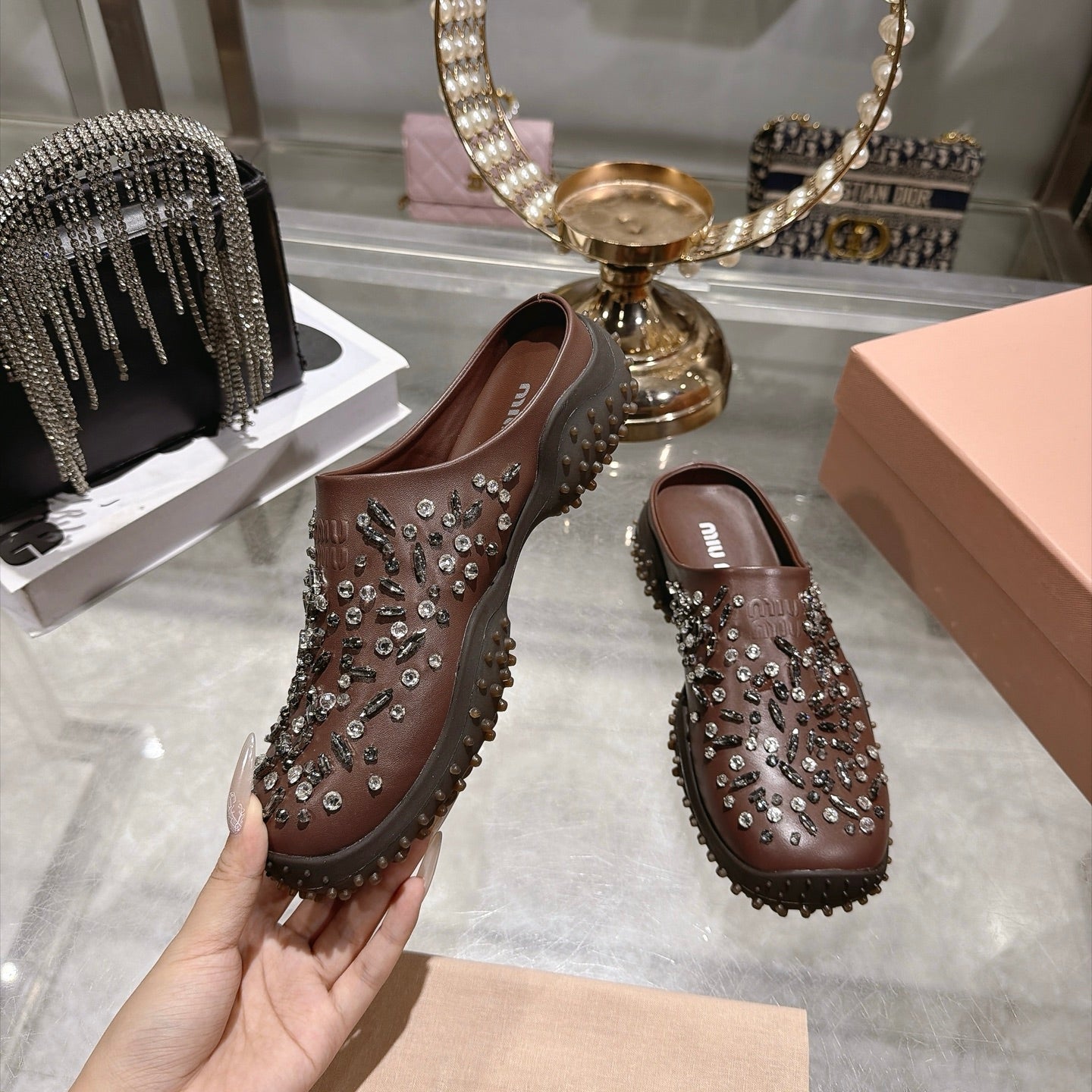 MIUMIU 26S CRYSTAL-EMBROIDERED MULES IN DARK BROWN CALFSKIN