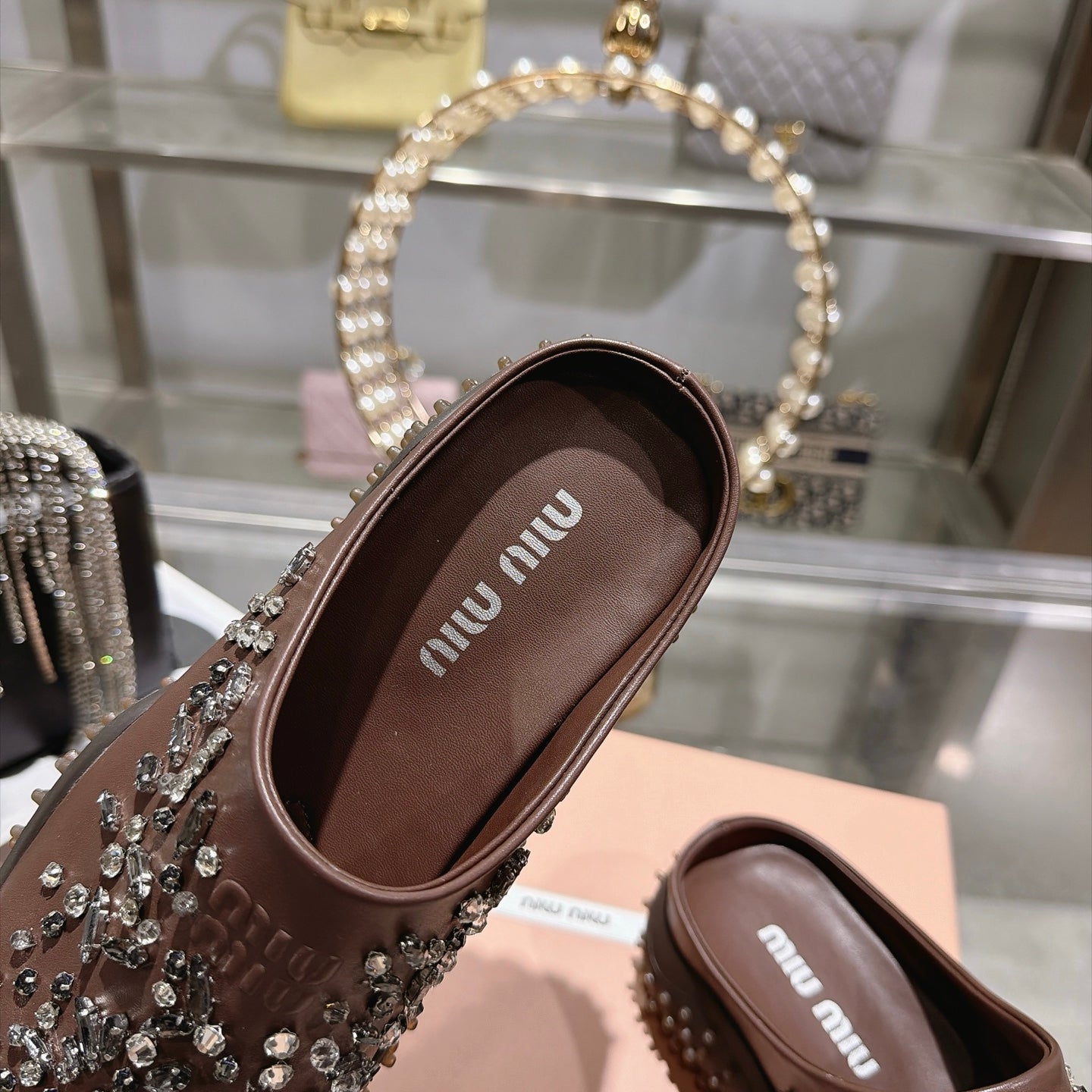 MIUMIU 26S CRYSTAL-EMBROIDERED MULES IN DARK BROWN CALFSKIN