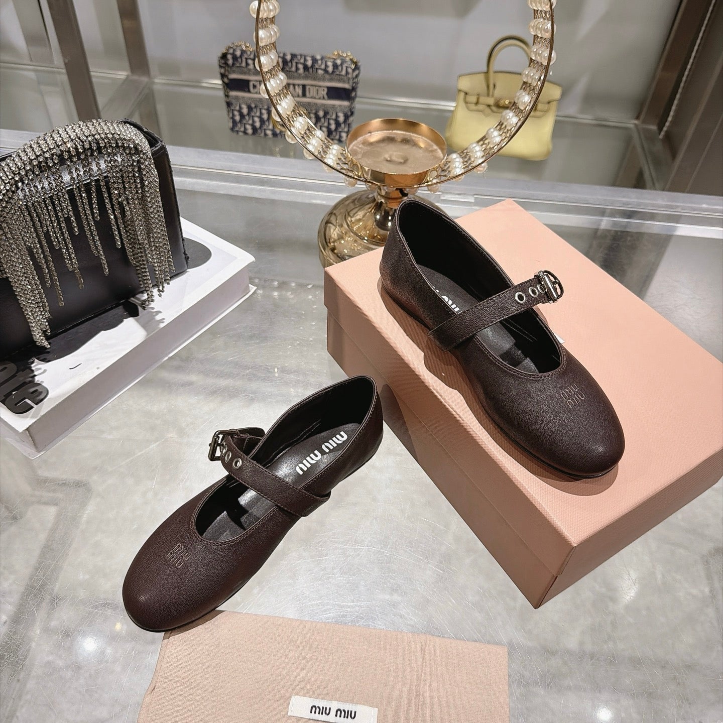 MIUMIU 26S MARY JANE FLATS IN DARK BROWN LAMBSKIN