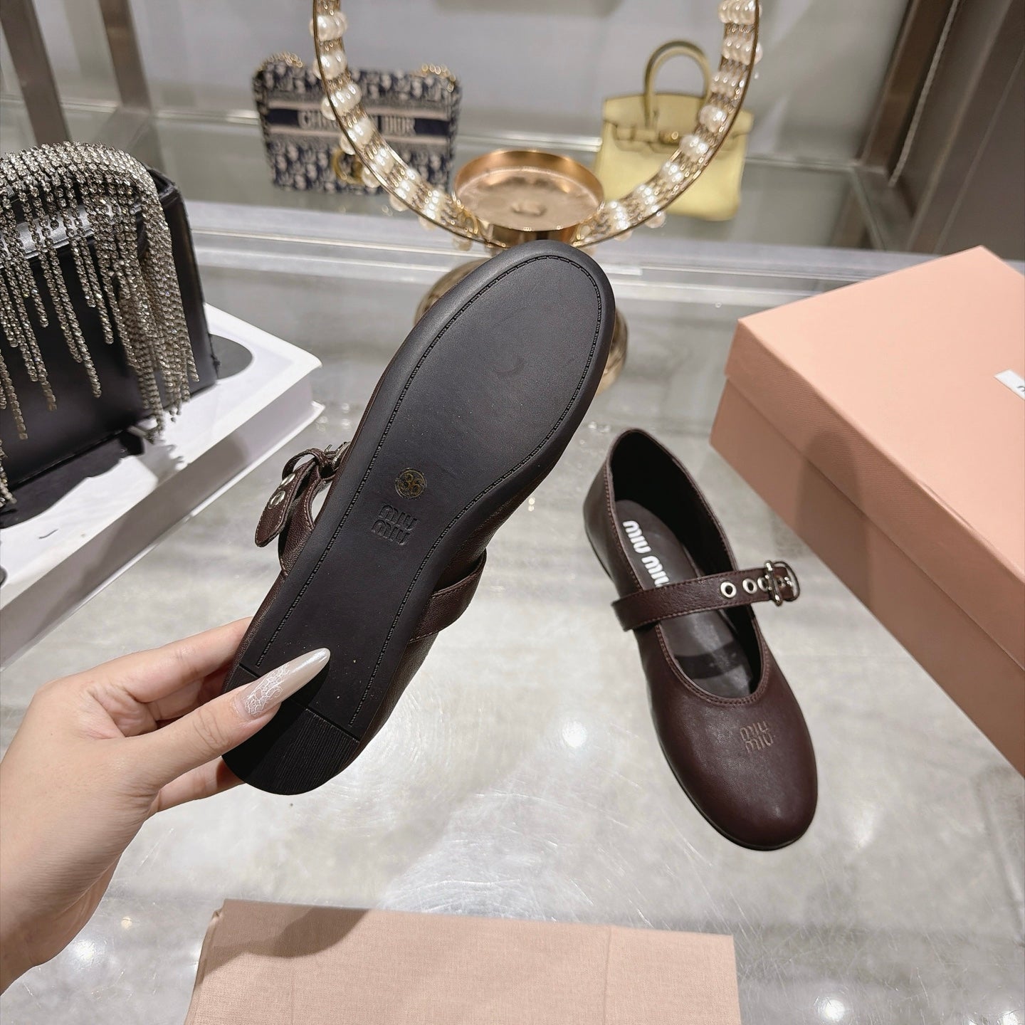 MIUMIU 26S MARY JANE FLATS IN DARK BROWN LAMBSKIN