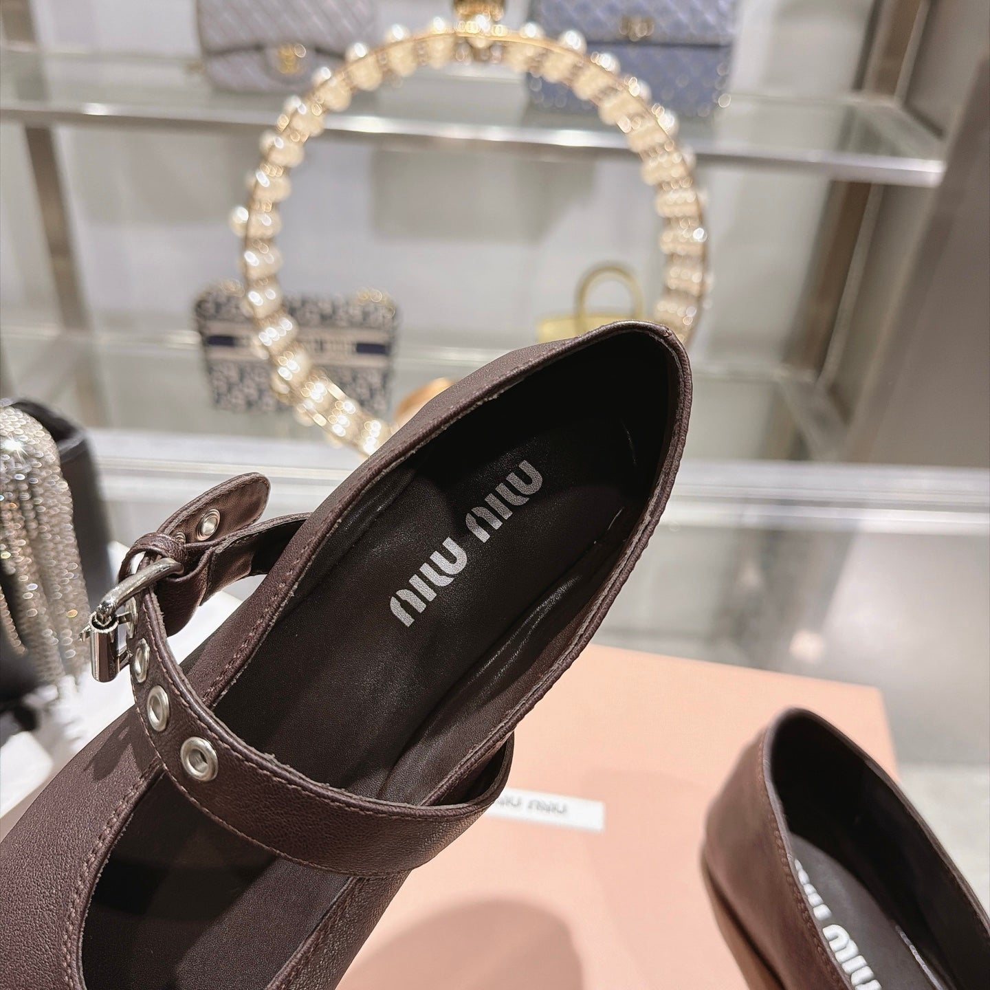 MIUMIU 26S MARY JANE FLATS IN DARK BROWN LAMBSKIN