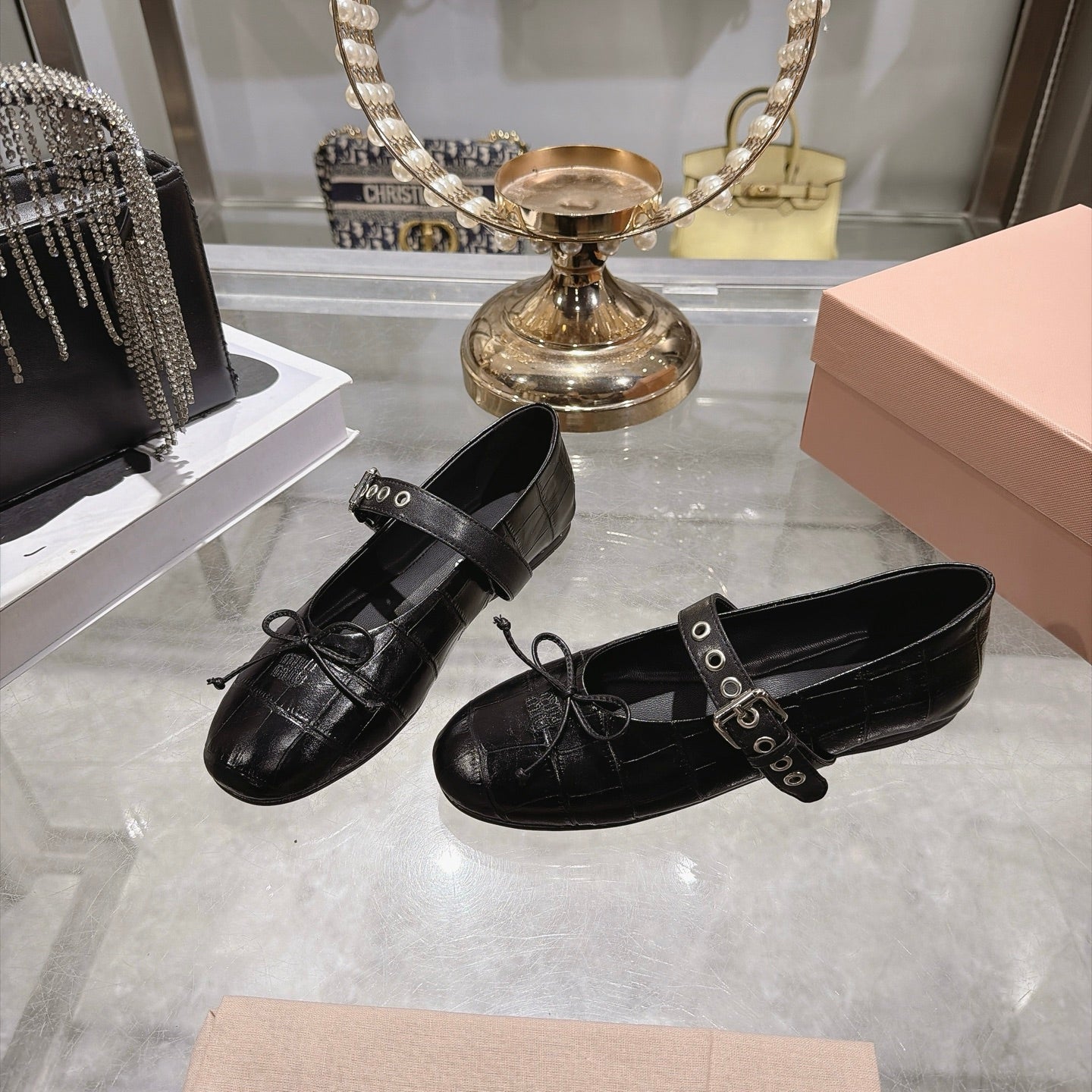 MIUMIU 26S MARY JANE FLATS IN BLACK CROC-EMBOSSED LEATHER