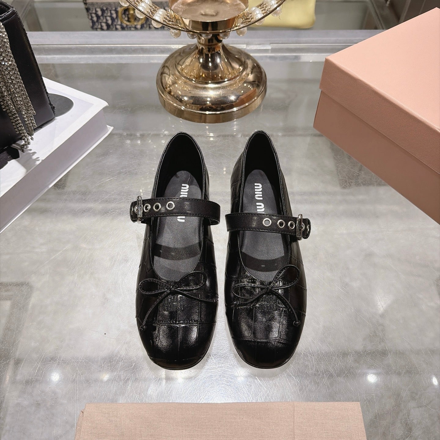 MIUMIU 26S MARY JANE FLATS IN BLACK CROC-EMBOSSED LEATHER